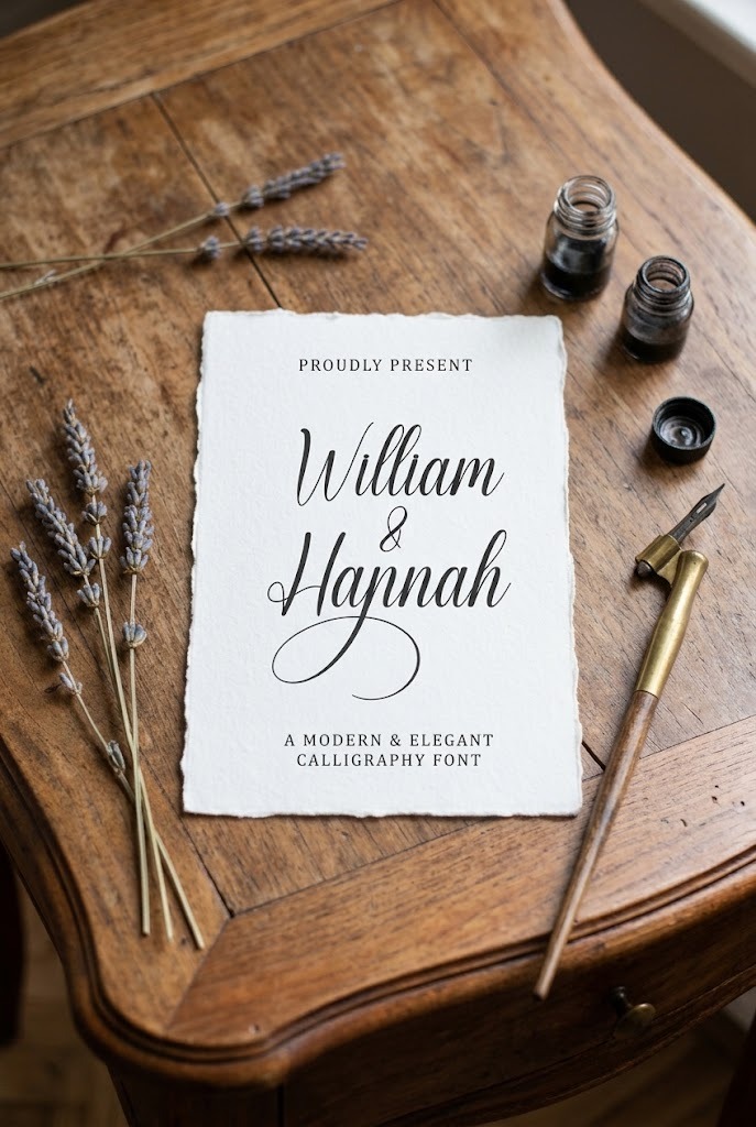 27 Calligraphy Alphabet for alphabet lettering projects 8 Calligraphy alphabet fonts displayed on a wedding invitation card with ink bottles and a calligraphy pen on a wooden table