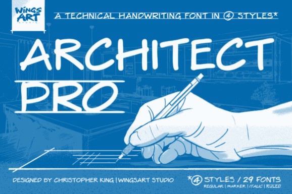 15 Lettering Fonts for creative lettering projects 6 Architect Pro lettering font sample showing technical handwriting style with a hand holding a pencil — Lettering Fonts