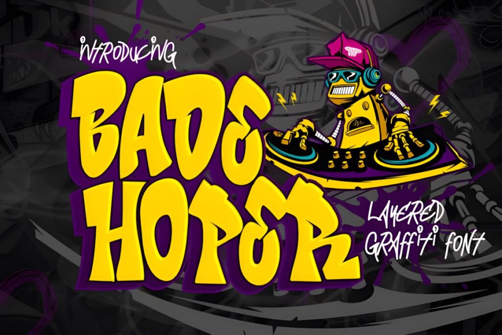 35 Graffiti Lettering: Font Picks for Street Art Designs 7 Graffiti Lettering style text 'Bade Hoper' in bold yellow with a cartoon DJ character on a turntable