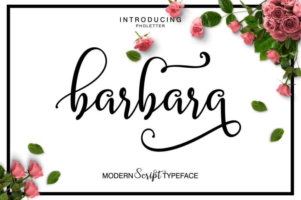 27 Calligraphy Alphabet for alphabet lettering projects 12 Barbara Script calligraphy alphabet fonts with decorative roses and leaves around the text