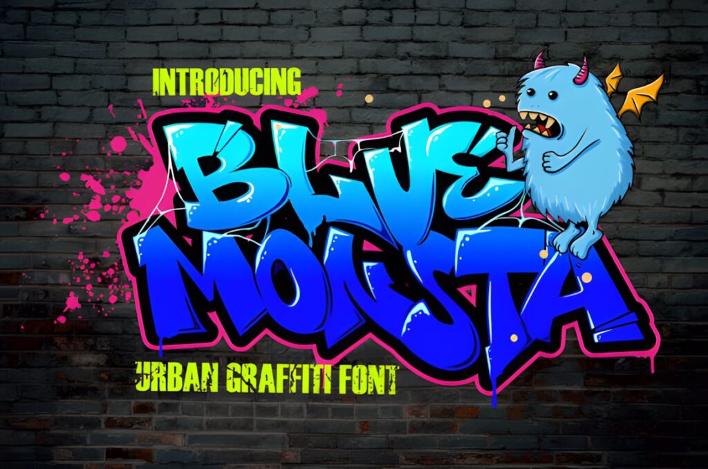 35 Graffiti Lettering: Font Picks for Street Art Designs 21 Graffiti lettering spelling Blue Monsta in bright blue with a small blue monster character on a dark brick wall