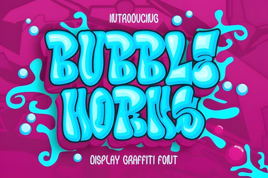 35 Graffiti Lettering: Font Picks for Street Art Designs 35 Bright blue Bubble Horns graffiti lettering on a purple background with splashes and drips