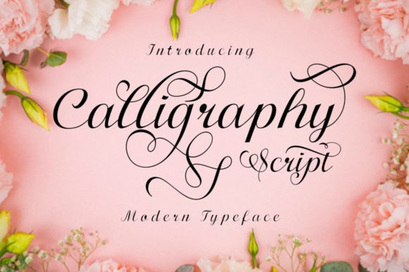 27 Calligraphy Alphabet for alphabet lettering projects 16 Calligraphy Script font with elegant flowing handwritten style surrounded by pink flowers — calligraphy alphabet fonts