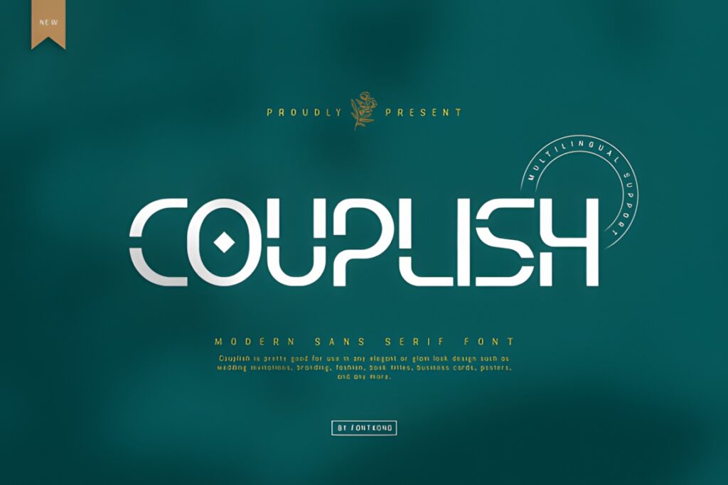 Best fonts for editorial design projects — 35 Picks 18 Couplish modern sans serif font for fonts for editorial design projects with clean lines on teal background