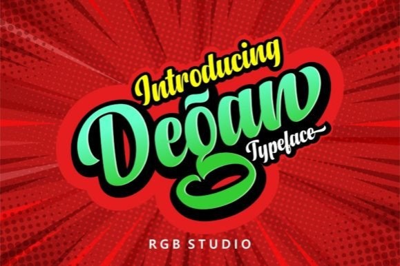 15 Lettering Fonts for creative lettering projects 13 Degan lettering font logo with green and yellow text on red background for creative lettering fonts