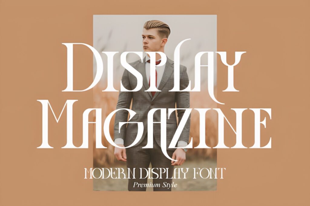Best fonts for editorial design projects — 35 Picks 7 Display Magazine serif display font example for fonts for editorial design projects with a man in a suit background