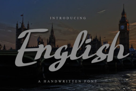 15 Lettering Fonts for creative lettering projects 16 English lettering font displayed over a London cityscape at dusk, showcasing elegant handwritten style — Lettering Fonts