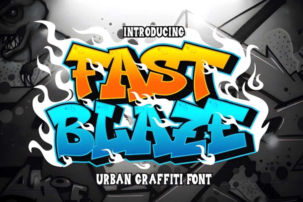 35 Graffiti Lettering: Font Picks for Street Art Designs 5 Graffiti Lettering style text displaying 'Fast Blaze' in vibrant orange and blue colors with white flame accents