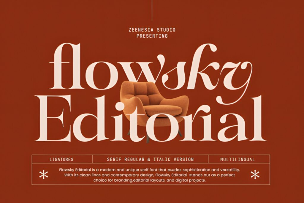 Best fonts for editorial design projects — 35 Picks 22 Flowsky Editorial font sample showcasing serif regular and italic styles for fonts for editorial design projects