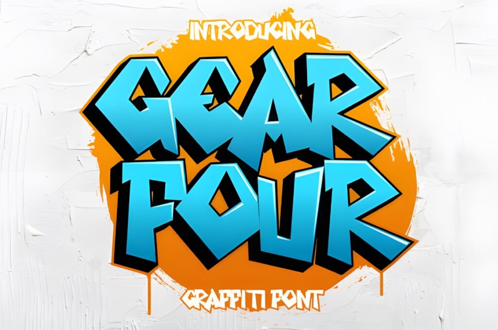 35 Graffiti Lettering: Font Picks for Street Art Designs 15 Graffiti Lettering style text reading Gear Four in blue with black shadows and orange background splashes