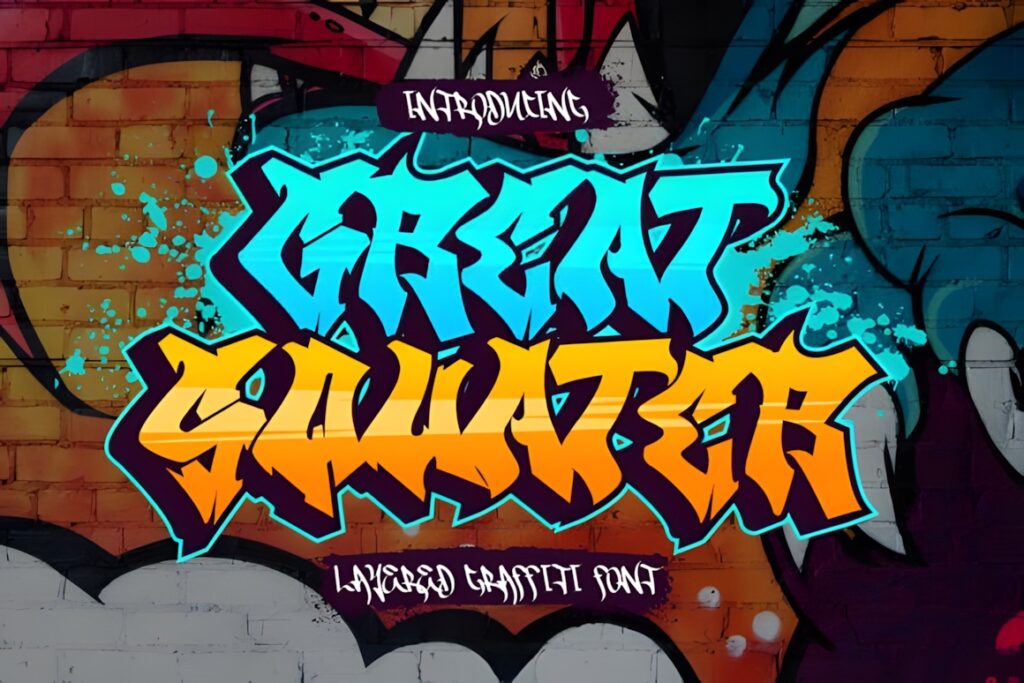 35 Graffiti Lettering: Font Picks for Street Art Designs 29 Graffiti Lettering style Great Squater with blue solid and orange shadow layers on a brick wall background