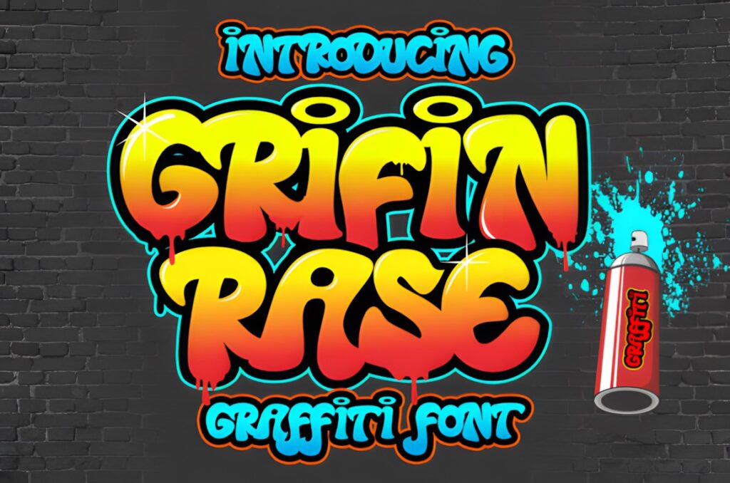 35 Graffiti Lettering: Font Picks for Street Art Designs 8 Graffiti Lettering style text 'Griffin Rase' in bright yellow and red with blue outline on a dark brick wall background