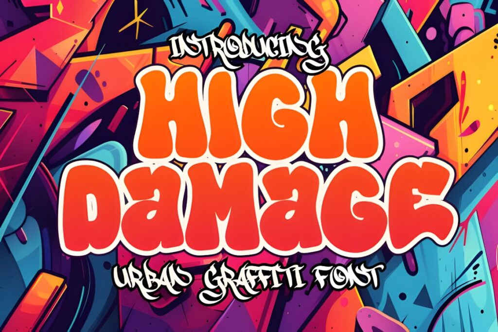 35 Graffiti Lettering: Font Picks for Street Art Designs 14 Graffiti Lettering style text reading High Damage in bold orange and red with colorful abstract background