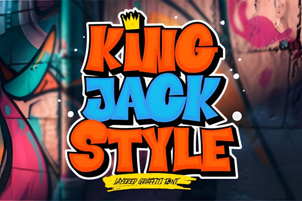 35 Graffiti Lettering: Font Picks for Street Art Designs 34 Graffiti Lettering in bold orange and blue with a crown symbol on the word King in an urban street art style