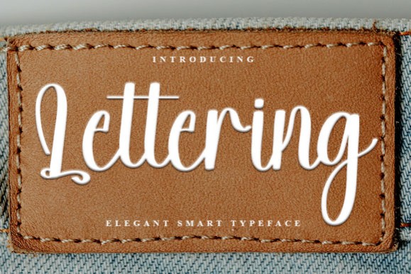 15 Lettering Fonts for creative lettering projects 15 Lettering Fonts displayed on a brown leather patch with white elegant smart typeface text