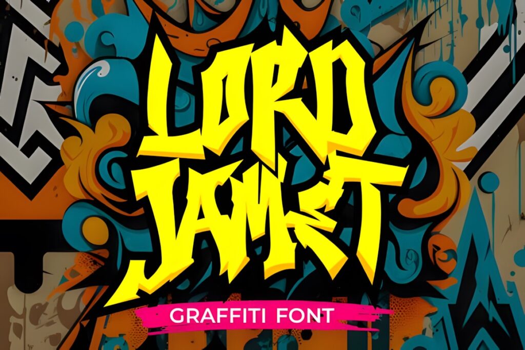 35 Graffiti Lettering: Font Picks for Street Art Designs 30 Bright yellow graffiti lettering spelling Lord Jamet with colorful urban art background