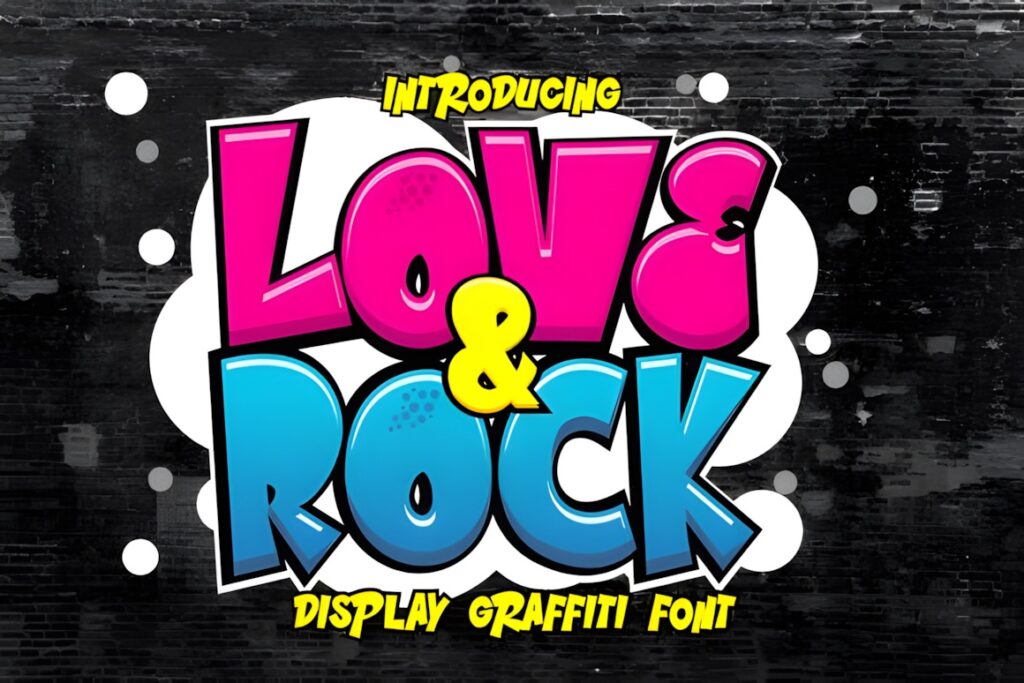 35 Graffiti Lettering: Font Picks for Street Art Designs 27 Graffiti Lettering style text reading Love & Rock in bright pink and blue with yellow highlights on a black brick wall