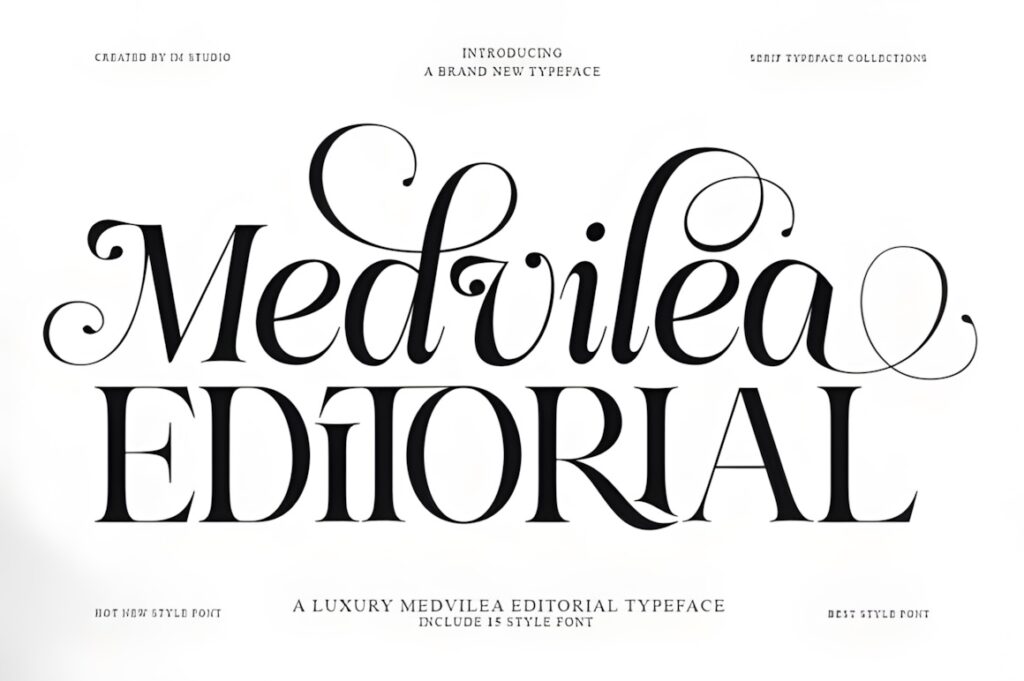 Best fonts for editorial design projects — 35 Picks 35 Medvilea Editorial font sample showcasing elegant serif typeface with decorative — fonts for editorial design projects