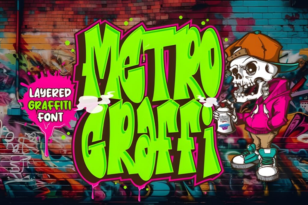 35 Graffiti Lettering: Font Picks for Street Art Designs 36 Metro Graffi graffiti lettering in bright green with pink outline on a colorful brick wall background