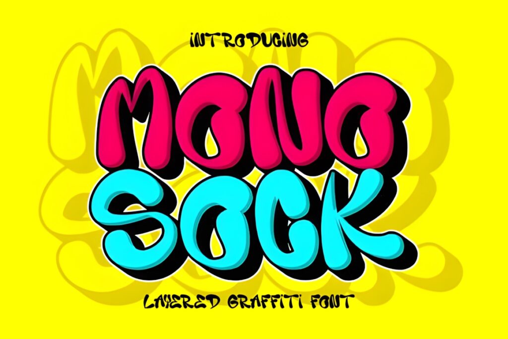 35 Graffiti Lettering: Font Picks for Street Art Designs 19 Graffiti Lettering style font named Monosock with layered red and blue letters on yellow background