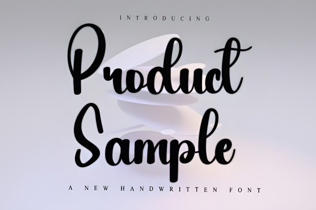 27 Calligraphy Alphabet for alphabet lettering projects 25 Calligraphy alphabet fonts showing the words Product Sample in a lively handwritten style with a bouncing baseline