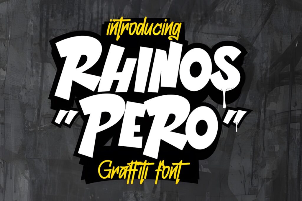 35 Graffiti Lettering: Font Picks for Street Art Designs 28 Graffiti Lettering style text reading Rhinos Pero graffiti font in bold white letters with yellow accents on dark background