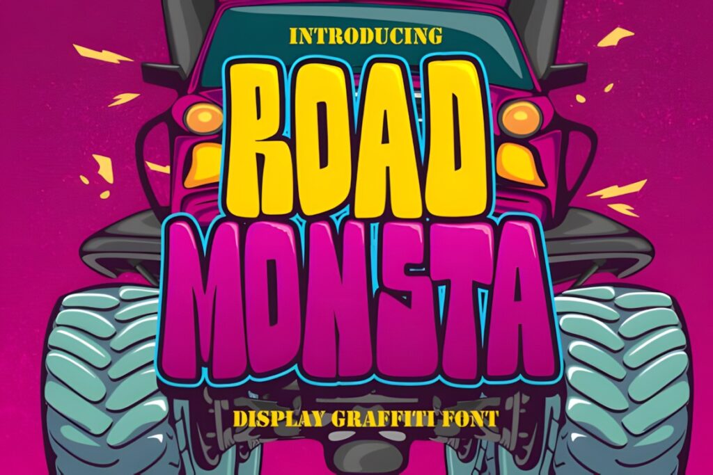 35 Graffiti Lettering: Font Picks for Street Art Designs 3 Road Monsta graffiti lettering in bold yellow and purple on a stylized monster truck illustration