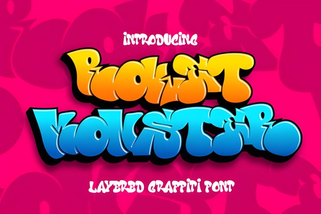 35 Graffiti Lettering: Font Picks for Street Art Designs 23 Roket Monster graffiti lettering font in layered yellow and blue style on pink background