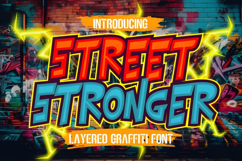 35 Graffiti Lettering: Font Picks for Street Art Designs 10 Street Stronger graffiti lettering with three-layer dimensional effect in bright red and blue colors on a graffiti wall