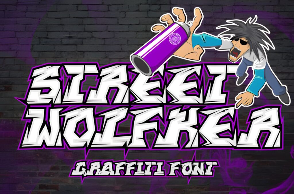 35 Graffiti Lettering: Font Picks for Street Art Designs 32 Graffiti Lettering style text 'Street Wolfker' with a cartoon character holding a spray can on a brick wall background