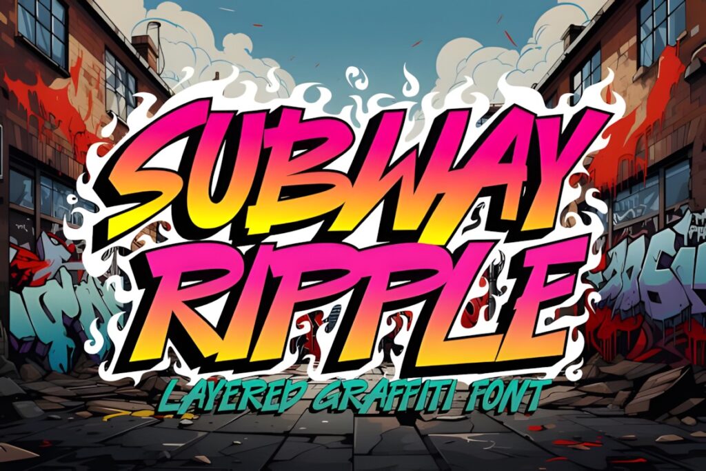35 Graffiti Lettering: Font Picks for Street Art Designs 4 Graffiti Lettering style text reading Subway Ripple layered graffiti font in vibrant yellow, pink, and teal colors on urban