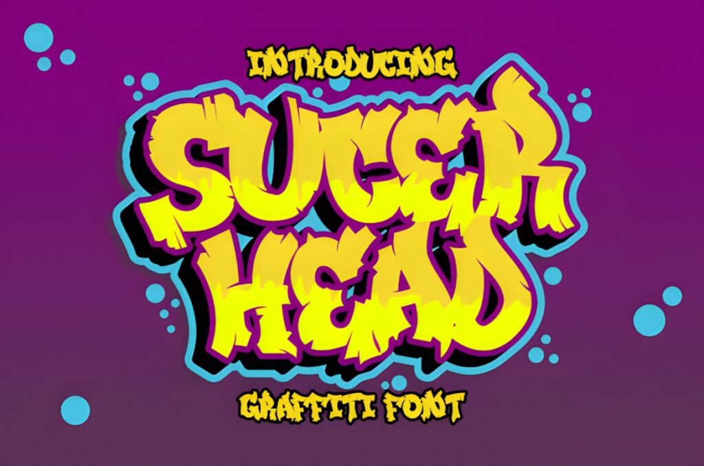 35 Graffiti Lettering: Font Picks for Street Art Designs 18 Graffiti Lettering style text reading Succer Head in yellow with black and blue outlines on purple background