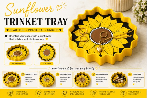 16 Best 3D Printed Gifts for Creative Handmade Surprises 14 3D printed sunflower trinket tray for jewelry and keys โ 3D printed gifts