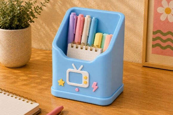 17 3D Printed Products to Sell at Craft Fairs for Profit 6 3D printed TV pencil holder filled with colorful pens on a desk โ 3D printed products