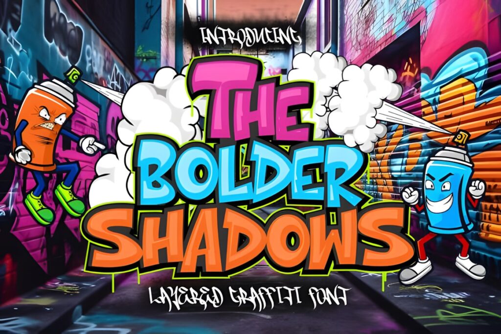 35 Graffiti Lettering: Font Picks for Street Art Designs 13 Graffiti lettering of the phrase The Bolder Shadows with colorful spray paint cans on urban wall