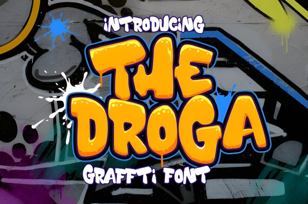 35 Graffiti Lettering: Font Picks for Street Art Designs 16 Graffiti Lettering style font named The Droga with thick, heavy orange letters outlined in blue on a graffiti wall background