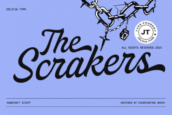 15 Lettering Fonts for creative lettering projects 11 The Scrakers lettering font in black script with thick strokes and a pronounced slant on a blue background — Lettering Fonts
