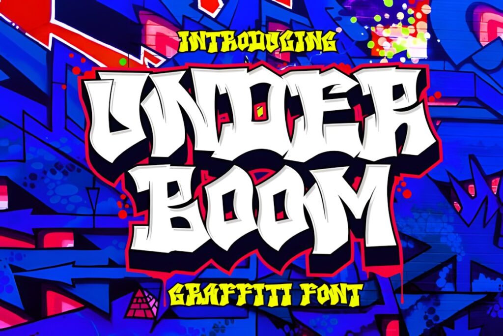 35 Graffiti Lettering: Font Picks for Street Art Designs 22 Graffiti Lettering style font named Under Boom with bold, sharp-edged white letters outlined in black and red on a blue