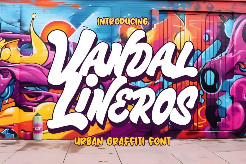 35 Graffiti Lettering: Font Picks for Street Art Designs 6 Graffiti Lettering style text 'Vandal Lineros' in bold white with colorful urban graffiti background