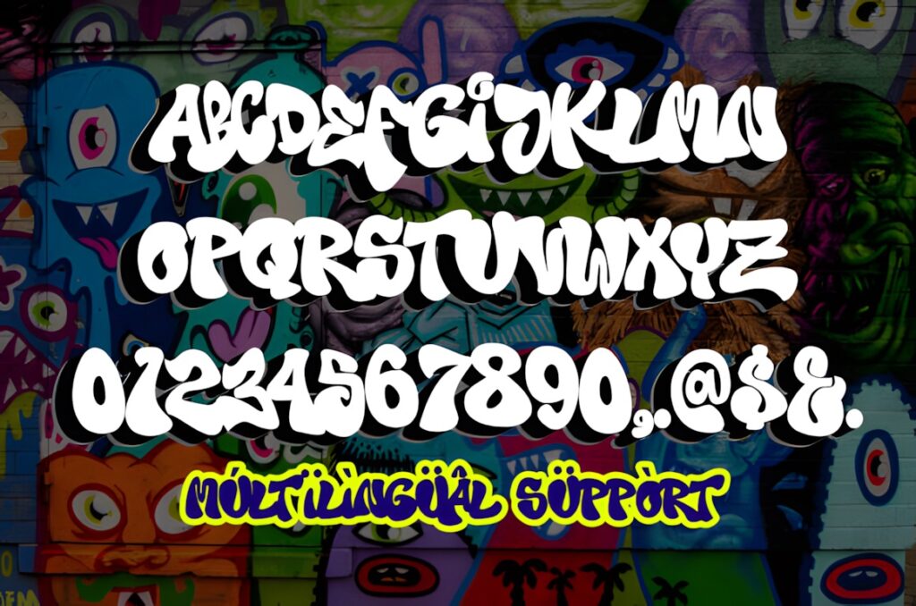 35 Graffiti Lettering: Font Picks for Street Art Designs 9 Graffiti Lettering font sample showing uppercase letters, numbers, and multilingual support on colorful street art background