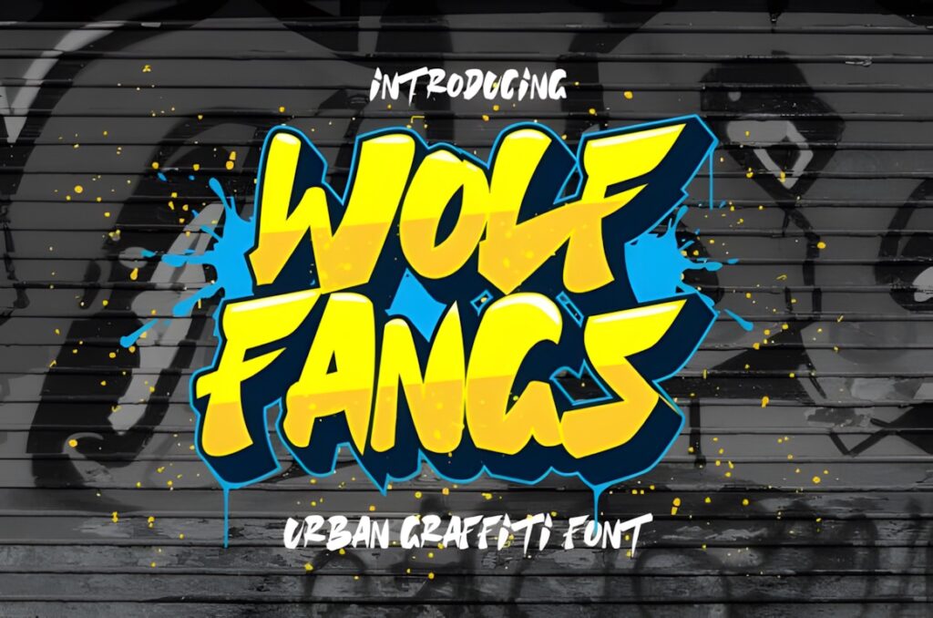 35 Graffiti Lettering: Font Picks for Street Art Designs 17 Graffiti Lettering of Wolf Fangs font in bold yellow and blue on a gray brick wall background