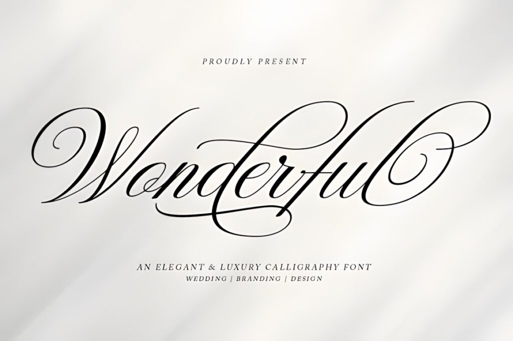 27 Calligraphy Alphabet for alphabet lettering projects 20 Calligraphy alphabet fonts showing the word Wonderful in elegant script with swash details