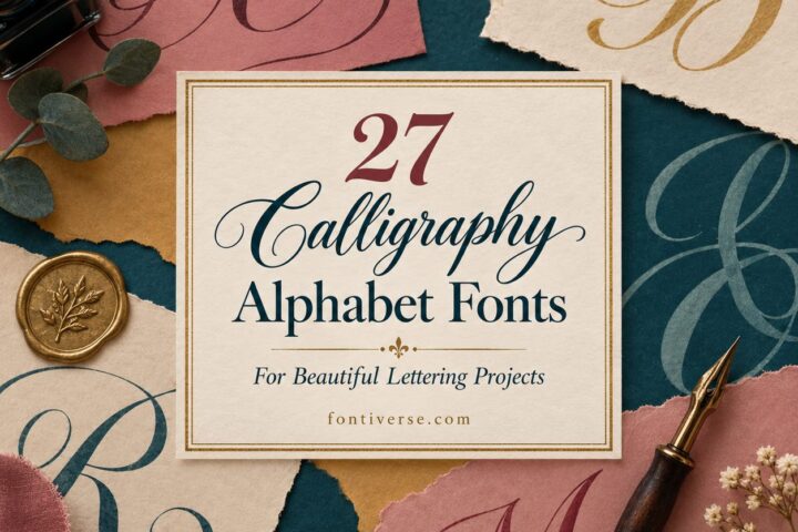 Calligraphy alphabet fonts sample with decorative letters A, B, R, M on torn paper and calligraphy pen