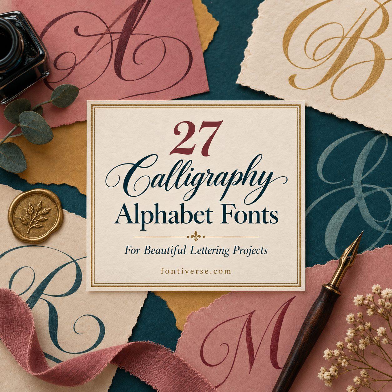 Calligraphy alphabet fonts sample with decorative letters A, B, R, M on torn paper and calligraphy pen