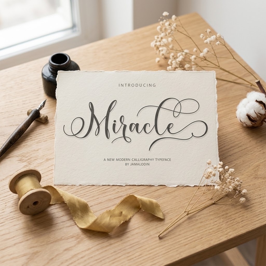 27 Calligraphy Alphabet for alphabet lettering projects 3 Calligraphy alphabet fonts showing the word Miracle in modern script on textured paper with calligraphy tools