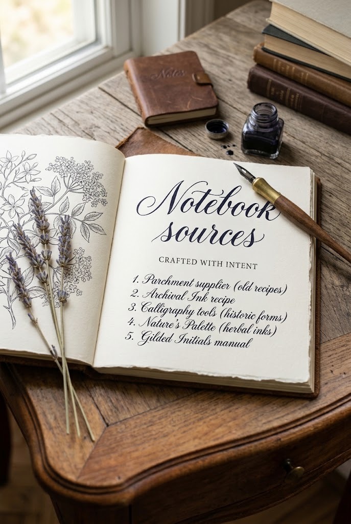 27 Calligraphy Alphabet for alphabet lettering projects 10 Calligraphy alphabet fonts displayed in a notebook with elegant handwritten text and a dip pen on a wooden desk