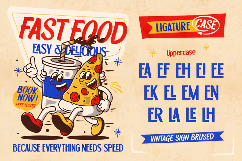 29 Canva Fonts for Painted Banners That Stand Out 73 Fast food banner with playful cartoon soda and pizza characters using Canva fonts for painted banners