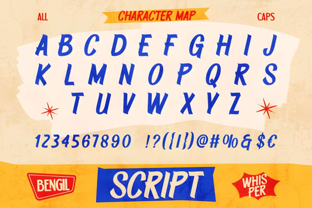 29 Canva Fonts for Painted Banners That Stand Out 71 Bengil Whisper font character map showing uppercase letters and numbers in a brush-script — Canva fonts for painted banners