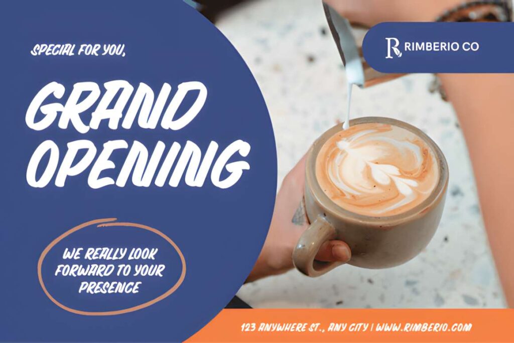 29 Canva Fonts for Painted Banners That Stand Out 119 Grand Opening banner using Canva fonts for painted banners with hand-painted style lettering and a coffee cup