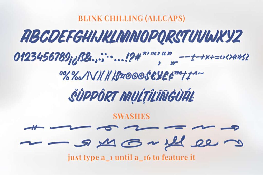 29 Canva Fonts for Painted Banners That Stand Out 117 Blink Chilling font sample showing uppercase letters, numbers, punctuation, multilingual — Canva fonts for painted banners